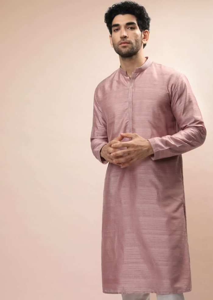 Carnation Pink Nehru Jacket And Kurta Set With Resham And Mirror Embroidered Checks