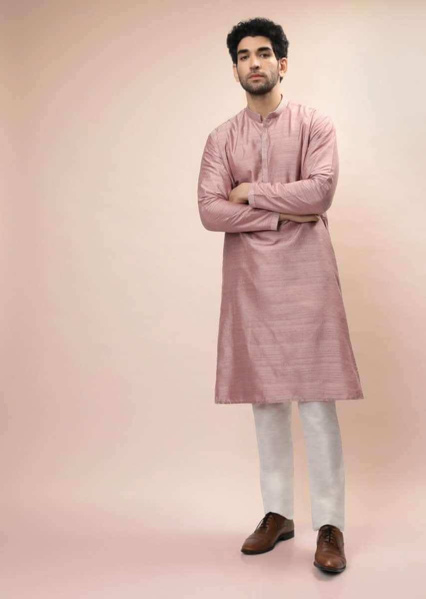 Carnation Pink Nehru Jacket And Kurta Set With Resham And Mirror Embroidered Checks