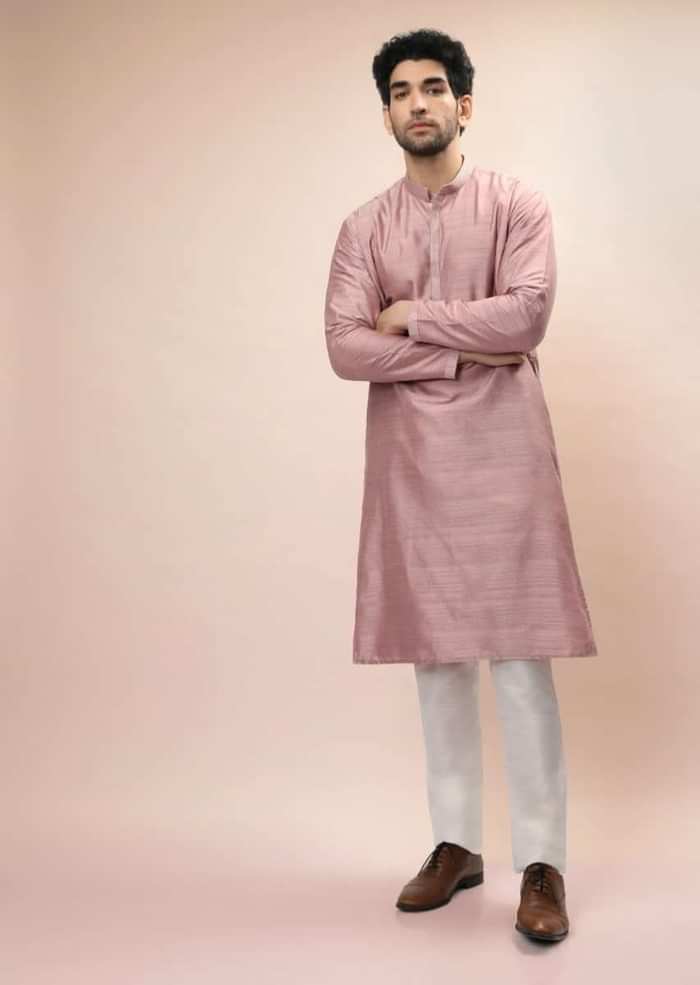 Carnation Pink Nehru Jacket And Kurta Set With Resham And Mirror Embroidered Checks