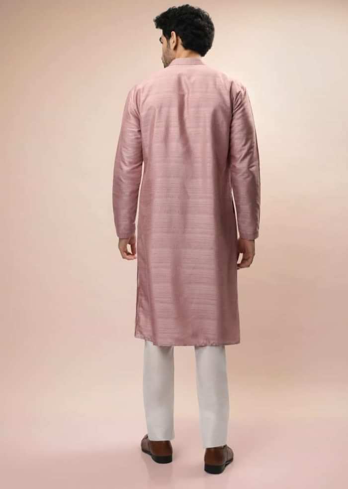 Carnation Pink Nehru Jacket And Kurta Set With Resham And Mirror Embroidered Checks