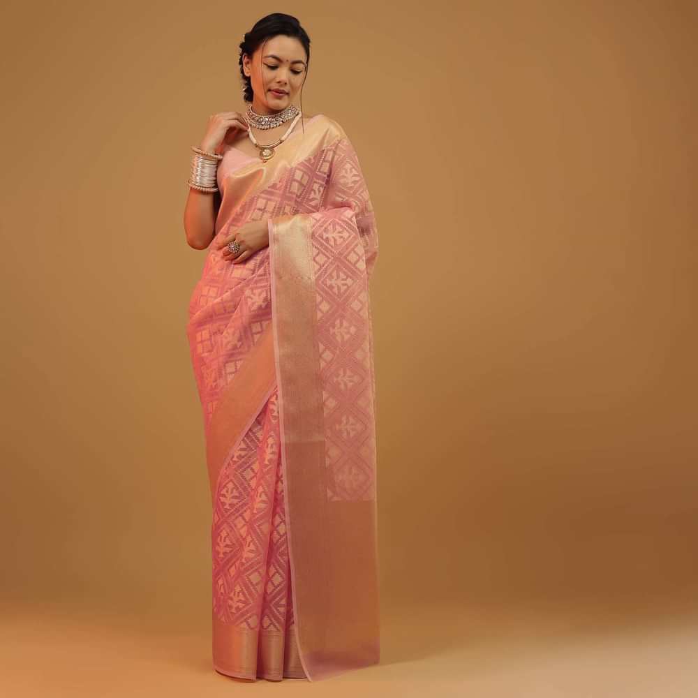 Blush Pink Saree In Banarasi Chanderi And Pure Handloom Cotton With Brocade Embroidery