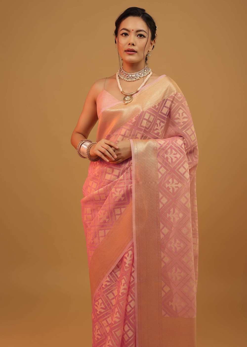 Blush Pink Saree In Banarasi Chanderi And Pure Handloom Cotton With Brocade Embroidery