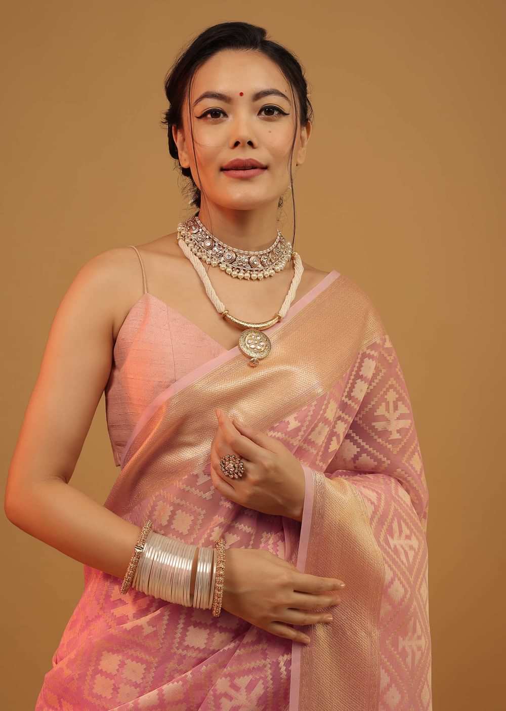 Blush Pink Saree In Banarasi Chanderi And Pure Handloom Cotton With Brocade Embroidery