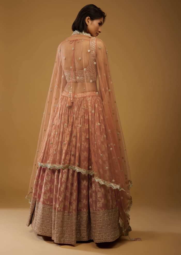 Rust Orange Lehenga Choli With Brocade Weave And Mirror Embroidery