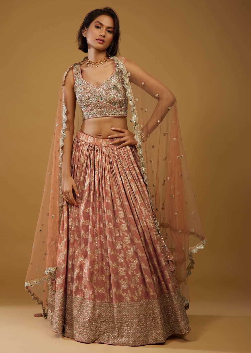 Rust Orange Lehenga Choli With Brocade Weave And Mirror Embroidery