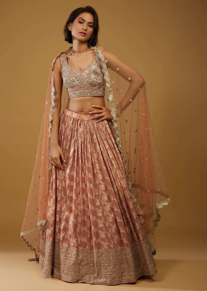 Rust Orange Lehenga Choli With Brocade Weave And Mirror Embroidery