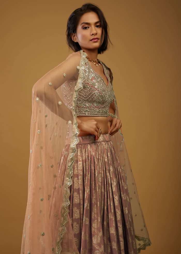 Rust Orange Lehenga Choli With Brocade Weave And Mirror Embroidery