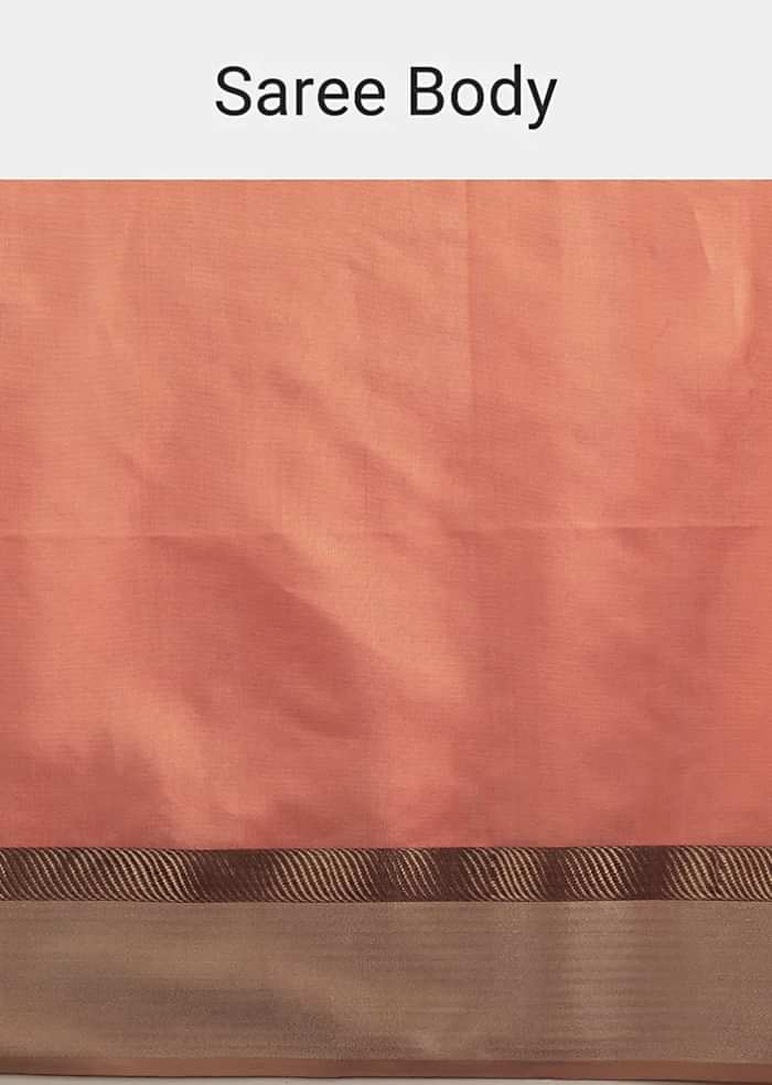 Carrot Coral Saree In Tussar Silk With A Contrasting Woven Golden Border And Textured Tussar Detailing On The Pallu