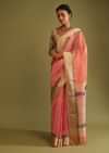 Carrot Coral Saree In Tussar Silk With A Contrasting Woven Golden Border And Textured Tussar Detailing On The Pallu