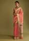 Carrot Coral Saree In Tussar Silk With A Contrasting Woven Golden Border And Textured Tussar Detailing On The Pallu