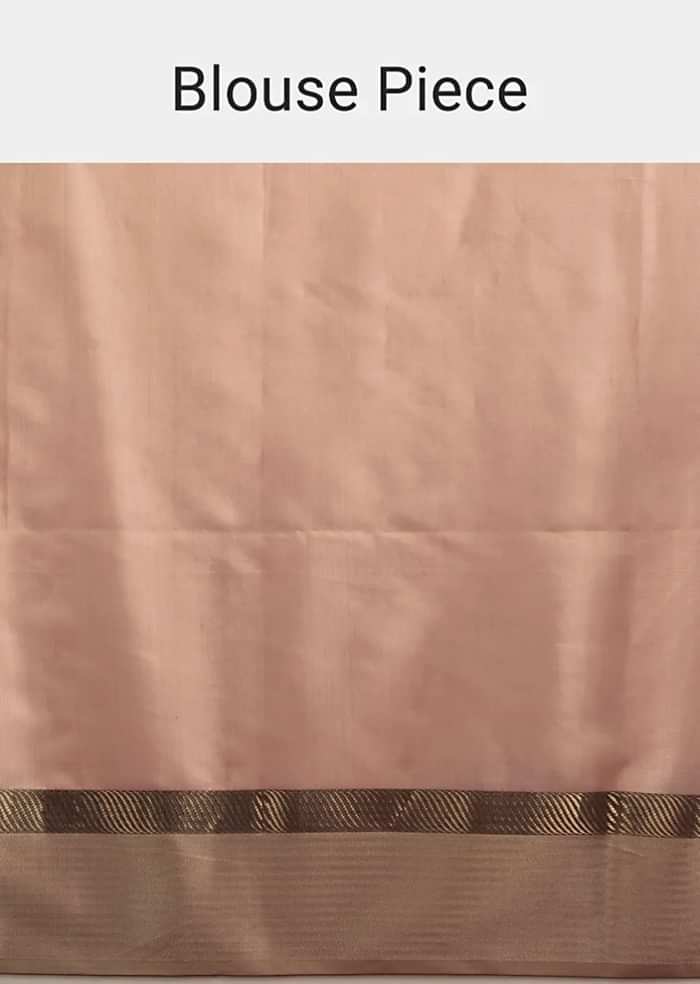 Carrot Coral Saree In Tussar Silk With A Contrasting Woven Golden Border And Textured Tussar Detailing On The Pallu