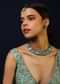 Carved Green Stone Necklace, Earrings And Mangtika Set Edged In Swarovski And Kundan