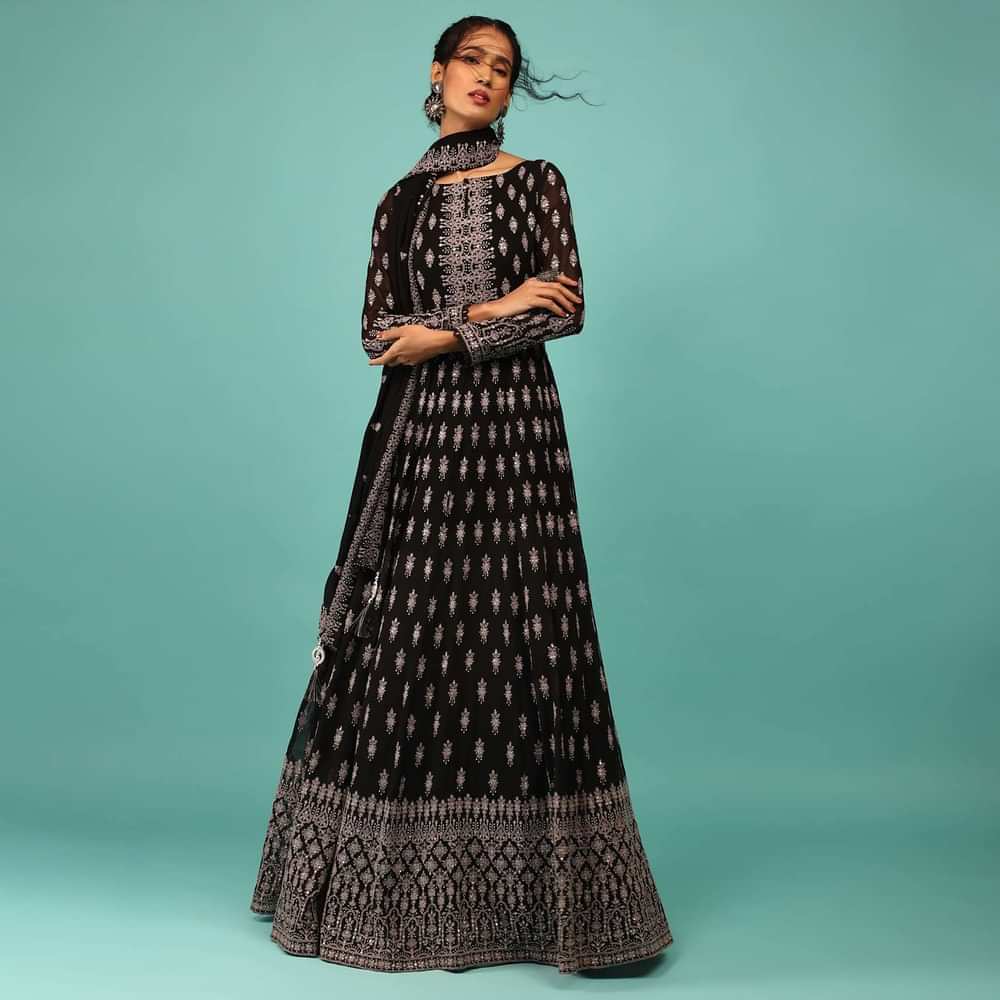 Black Anarkali Suit In Georgette With Embroidery In Thread & Sequins