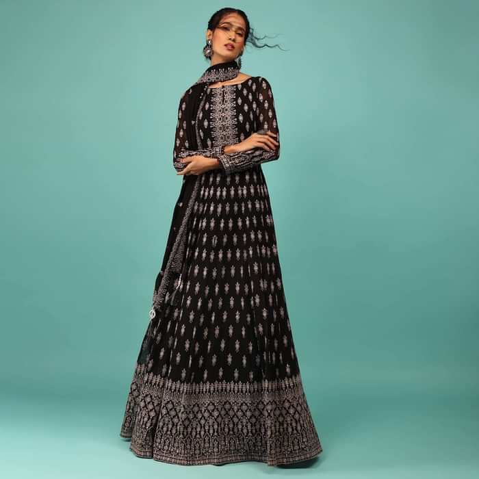 Black Anarkali Suit In Georgette With Embroidery In Thread & Sequins