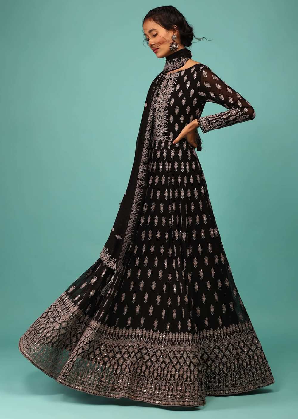 Black Anarkali Suit In Georgette With Embroidery In Thread & Sequins