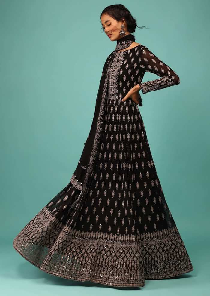 Black Anarkali Suit In Georgette With Embroidery In Thread & Sequins