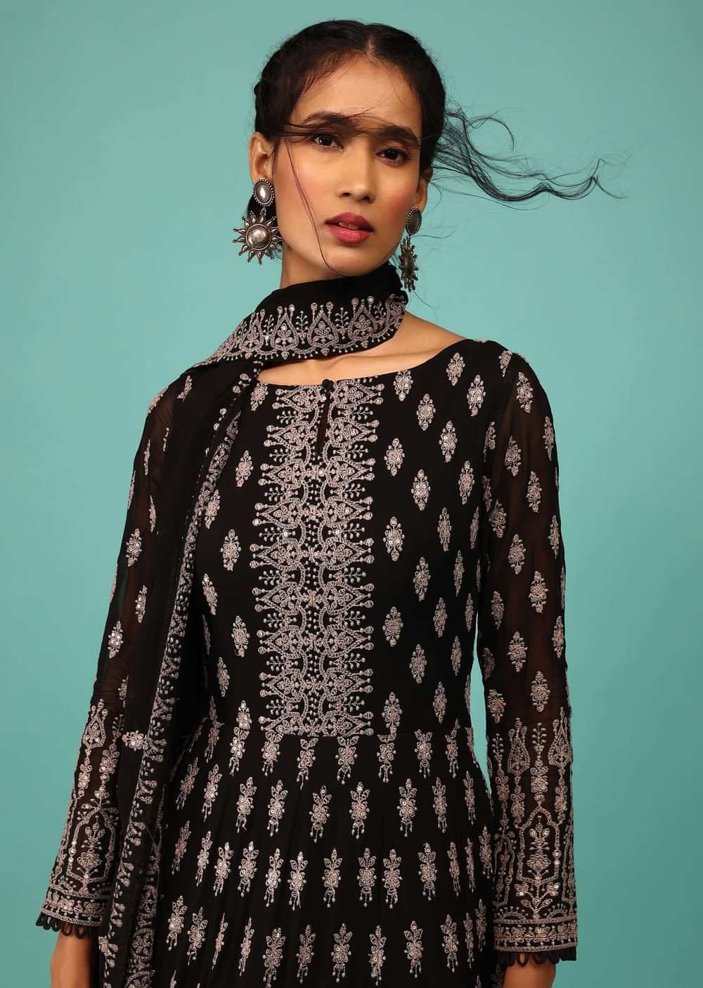 Black Anarkali Suit In Georgette With Embroidery In Thread & Sequins