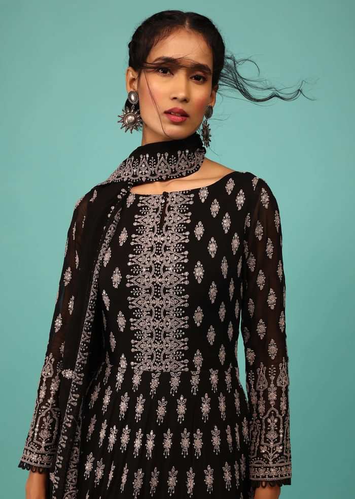 Black Anarkali Suit In Georgette With Embroidery In Thread & Sequins