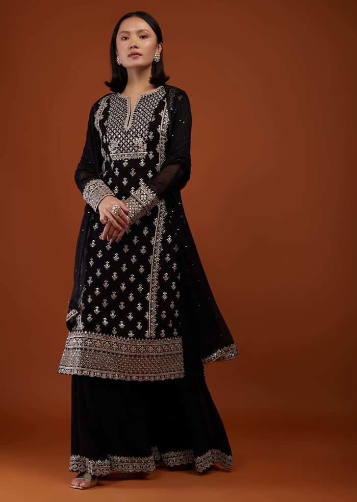 Caviar Black Embroidered Georgette Palazzo Suit