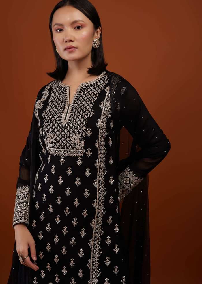 Caviar Black Embroidered Georgette Palazzo Suit