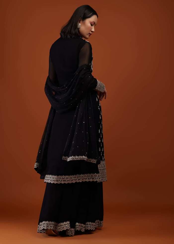 Caviar Black Embroidered Georgette Palazzo Suit