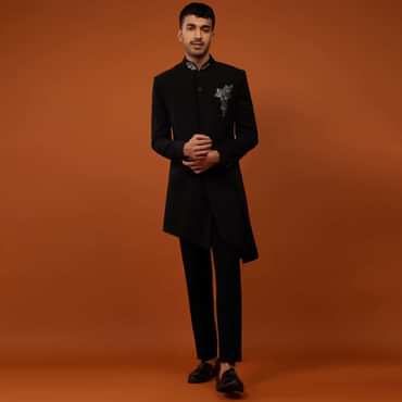 Caviar Black Indo-Western Sherwani Set Embroidered In Imported Suiting Fabric