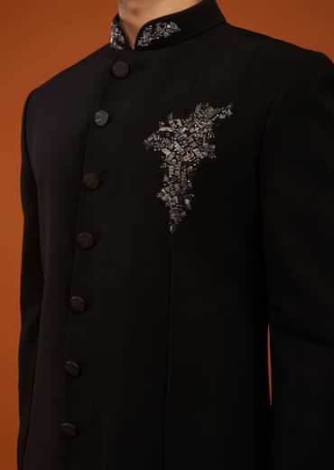 Caviar Black Indo-Western Sherwani Set Embroidered In Imported Suiting Fabric