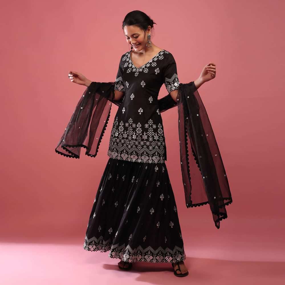 Black Lucknowi Sharara Suit In Cotton With Embroidery