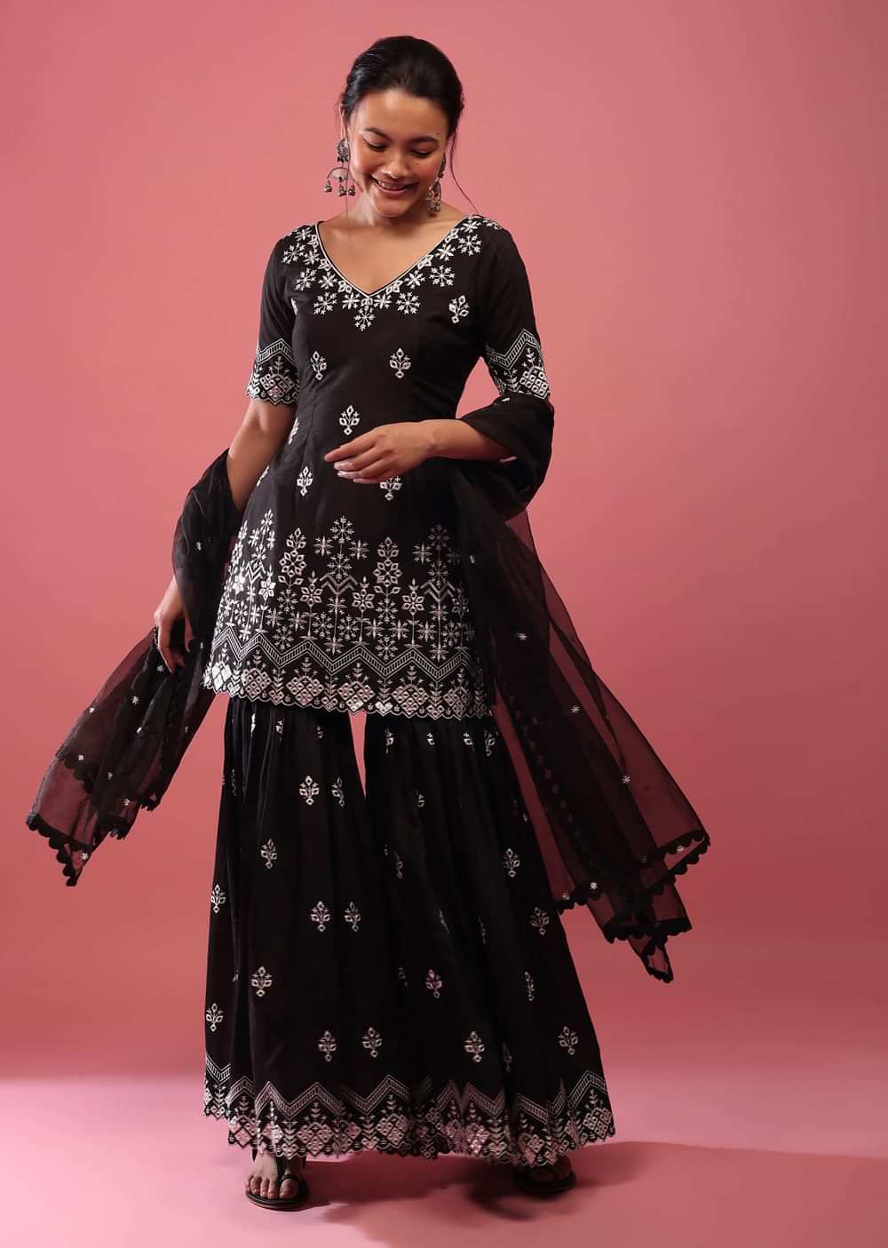 Black Lucknowi Sharara Suit In Cotton With Embroidery
