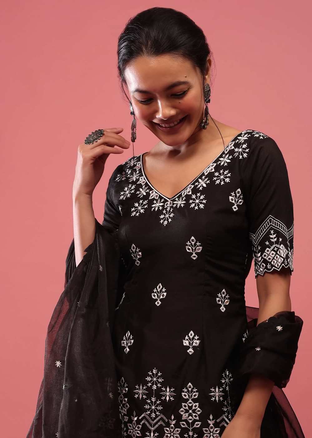 Black Lucknowi Sharara Suit In Cotton With Embroidery