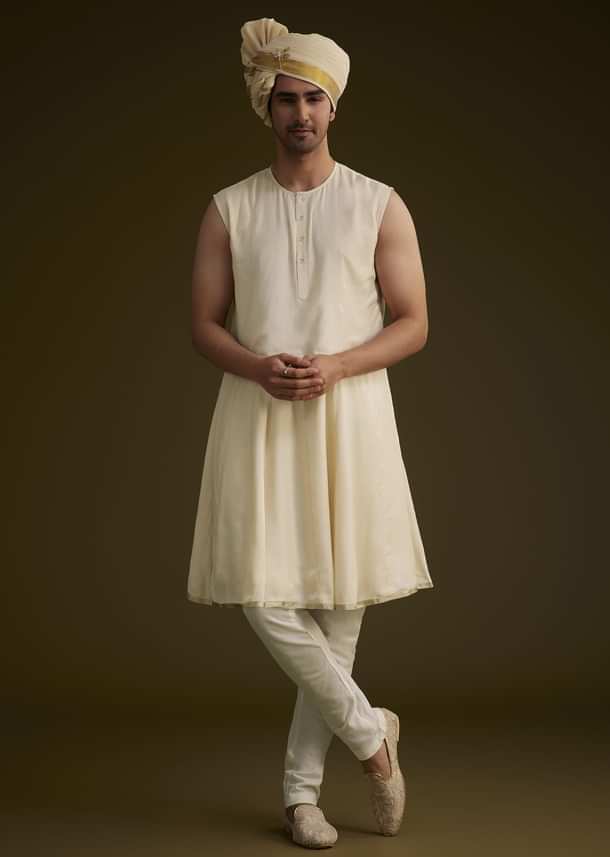 Fawn Raw Silk Sherwani Set With Zardosi Embroidery