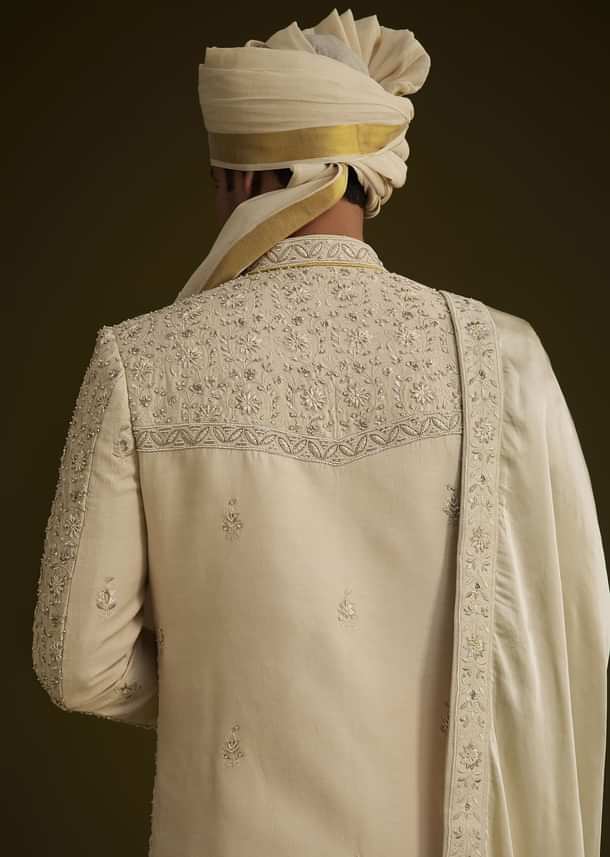 Fawn Raw Silk Sherwani Set With Zardosi Embroidery