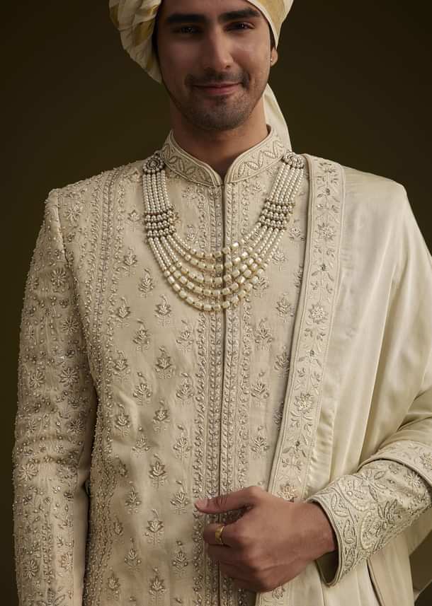 Fawn Raw Silk Sherwani Set With Zardosi Embroidery