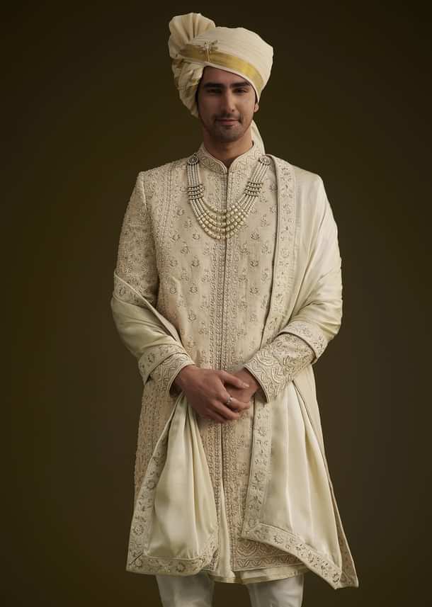 Fawn Raw Silk Sherwani Set With Zardosi Embroidery