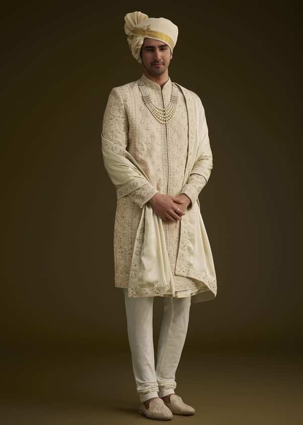 Fawn Raw Silk Sherwani Set With Zardosi Embroidery