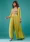 Lime Green Embroidered Palazzo Crop-Top Set In Georgette With Shrug