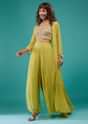 Lime Green Embroidered Palazzo Crop-Top Set In Georgette With Shrug