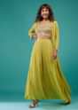 Lime Green Embroidered Palazzo Crop-Top Set In Georgette With Shrug