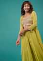 Lime Green Embroidered Palazzo Crop-Top Set In Georgette With Shrug