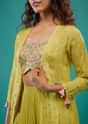 Lime Green Embroidered Palazzo Crop-Top Set In Georgette With Shrug