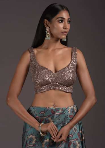 Champagne Gold Sleeveless Blouse Embellished In Sequins With Cutouts On The Sides And Back