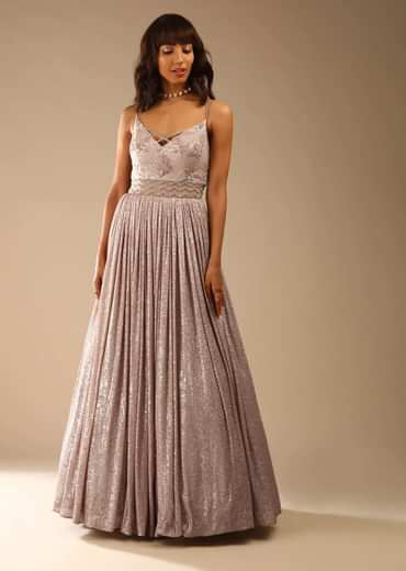 Champagne Gown Embellished In Sequins With Cut Dana Embellished Sheer Net On The Waist And Criss Cross Straps On The Neckline Online - Kalki Fashion