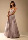 Champagne Gown Embellished In Sequins With Cut Dana Embellished Sheer Net On The Waist And Criss Cross Straps On The Neckline Online - Kalki Fashion