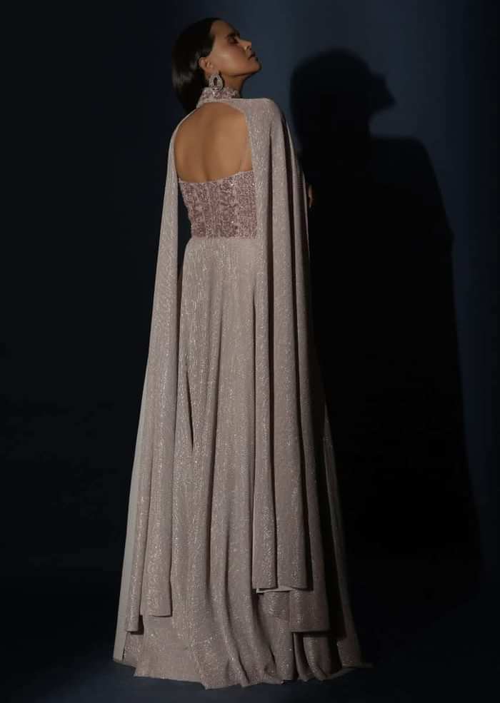 Champagne Gown With Embellished Sweetheart Cut Bodice And Spaghetti Straps Online - Kalki Fashion