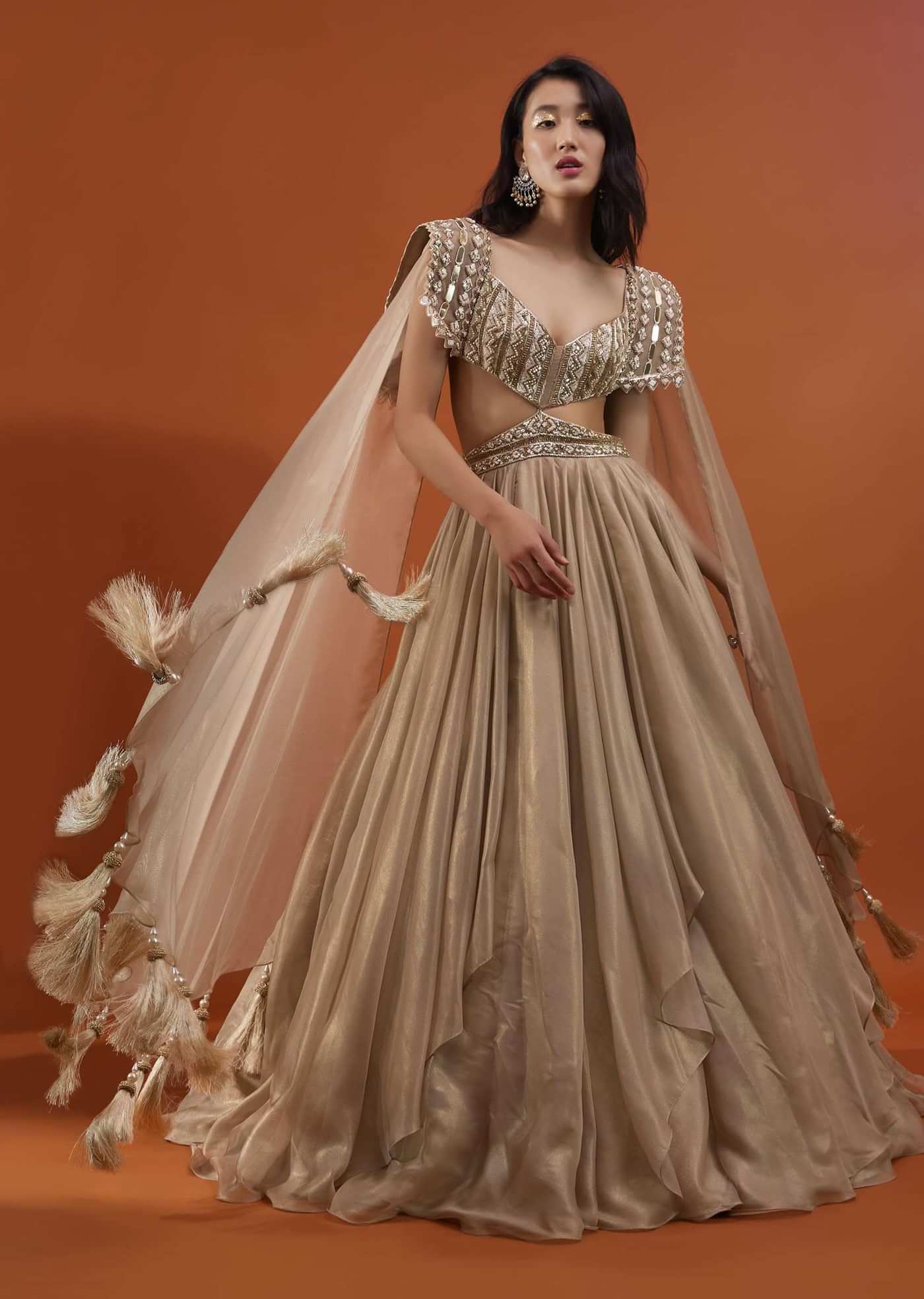 Champagne Gold Akasia Gown With Tassel Wing Cape Sleeves - NOOR 2022