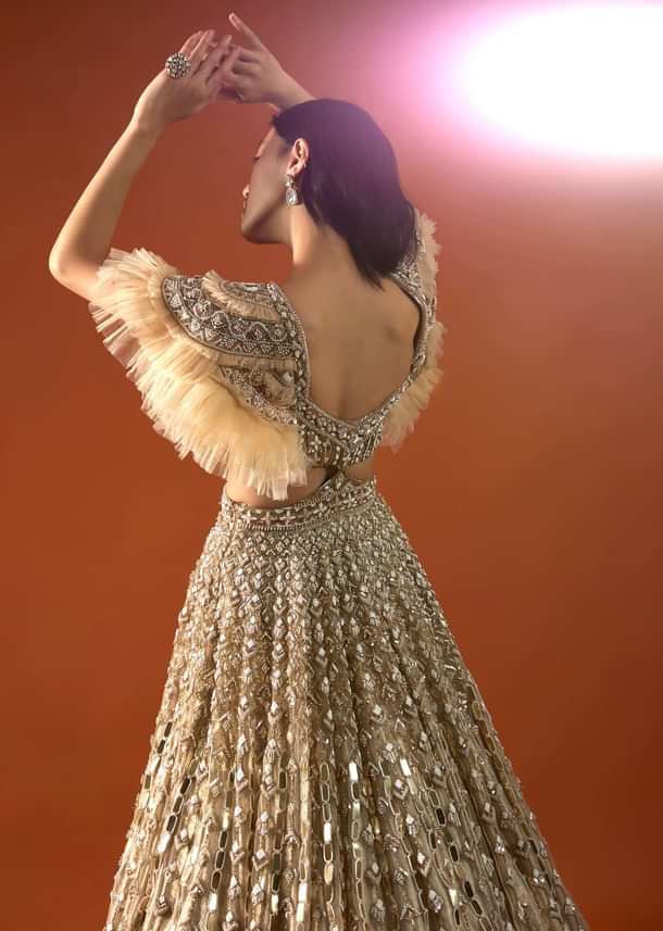 Champagne Gold Angelic Net Gown With Mirror Work And Ruffle Sleeves - NOOR 2022