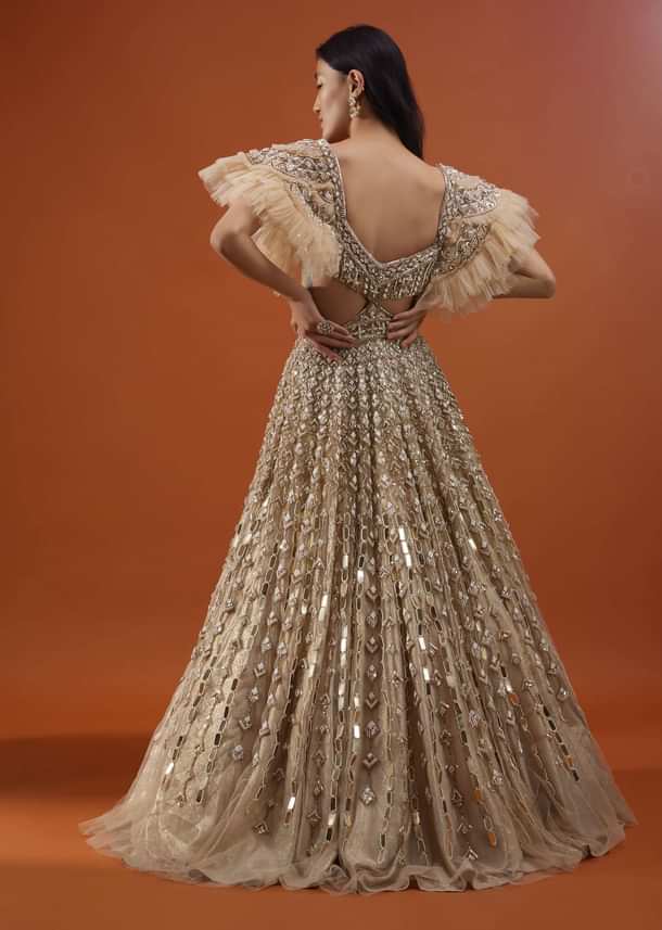 Champagne Gold Angelic Net Gown With Mirror Work And Ruffle Sleeves - NOOR 2022