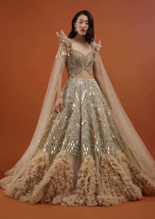 Champagne Gold Divine Gown In Net With Ruffle Frill Adornment - NOOR 2022