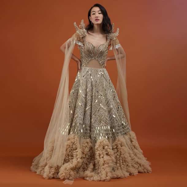 Champagne Gold Divine Net Fabricated Gown With Ruffle Frill Adornment - NOOR 2022