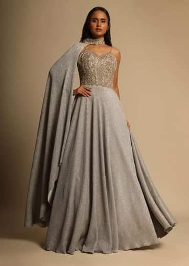 Champagne Gown With Embellished Sweetheart Cut Bodice And Spaghetti Straps Online - Kalki Fashion